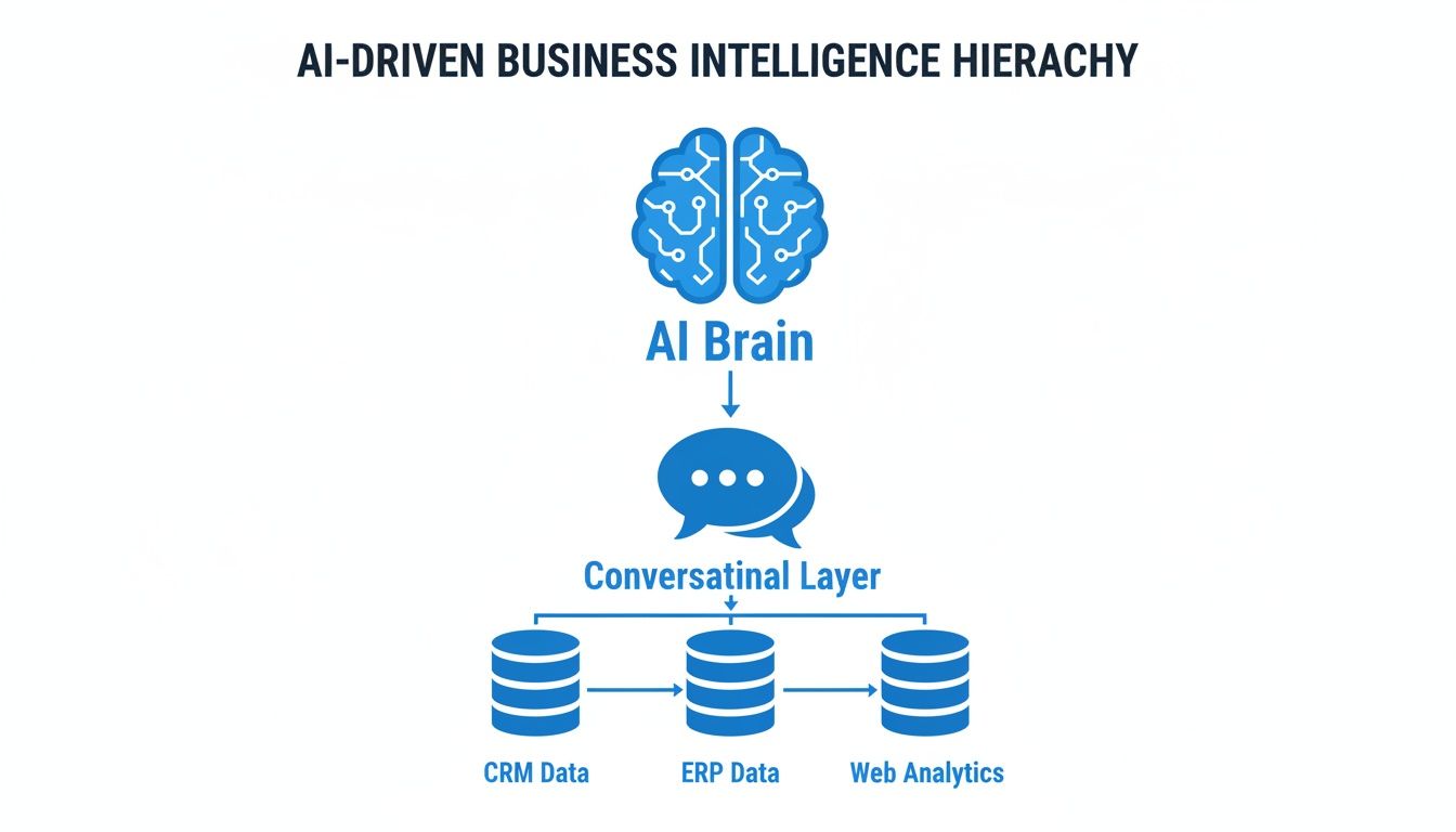 Diagram showing AI-driven business intelligence hierarchy, from AI brain to conversational layer and data sources.