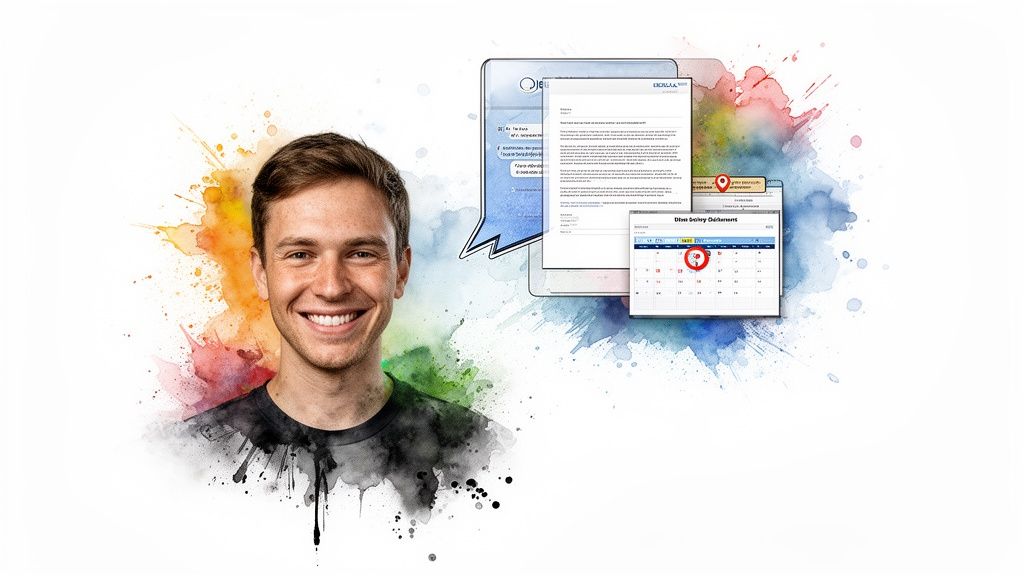 Smiling man with digital chat, document, and calendar interfaces, symbolizing automated communication and scheduling.
