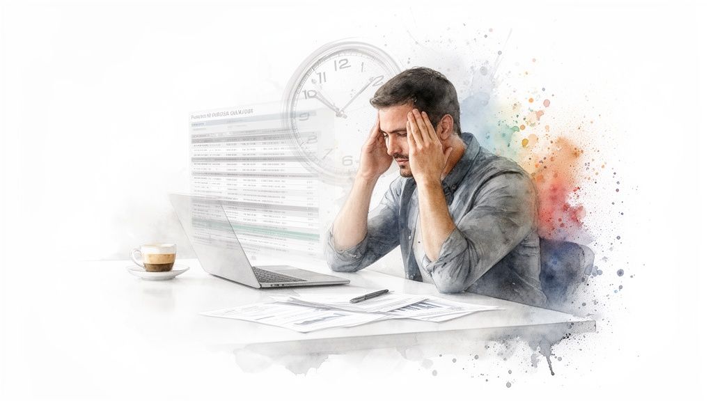 A watercolor illustration of a stressed man at a desk with a laptop and documents, symbolizing work pressure.