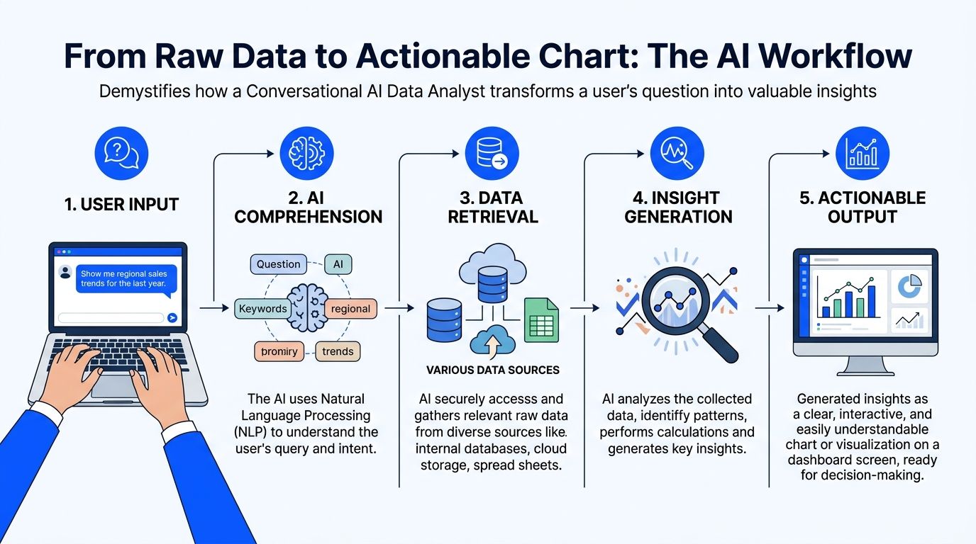 A diagram illustrating the five-step workflow of a conversational AI data analyst transforming user queries into actionable insights.
