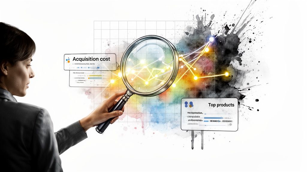 A person analyzes charts on acquisition cost and top products using a magnifying glass.