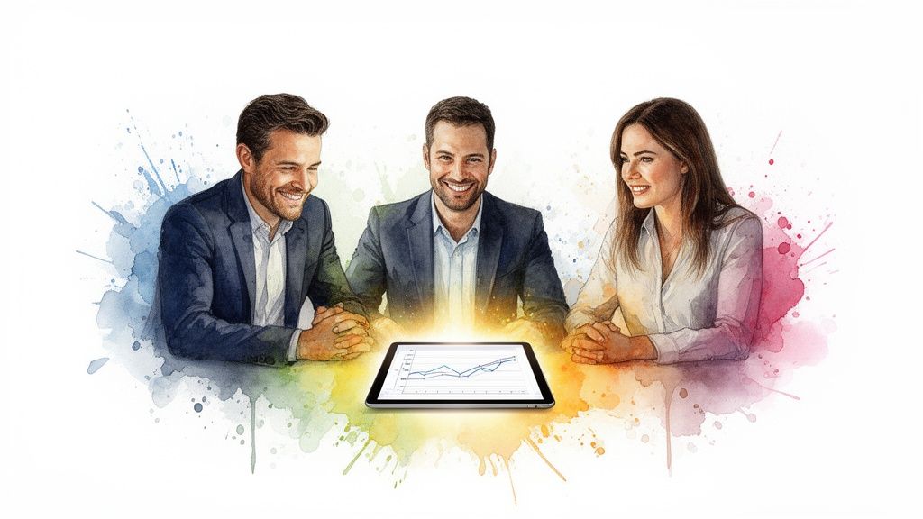 Three smiling business professionals look at a glowing tablet displaying a graph, rendered in a vibrant watercolor style.