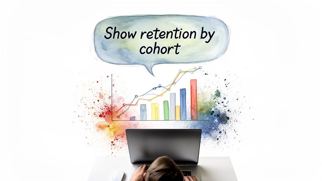 Person analyzing a colorful data visualization of retention by cohort on a laptop.