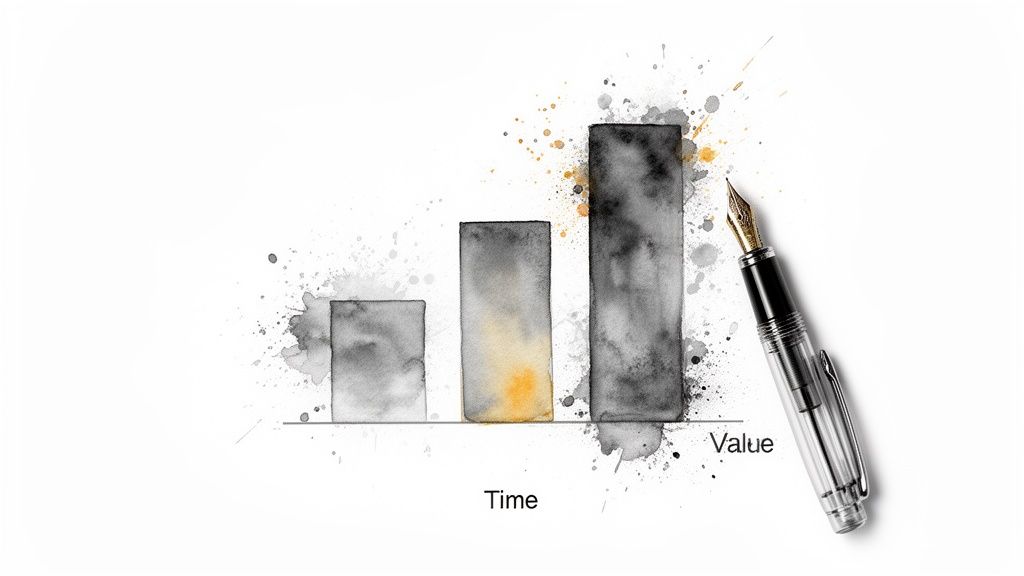A watercolor bar chart shows increasing value over time, with a fountain pen next to it.