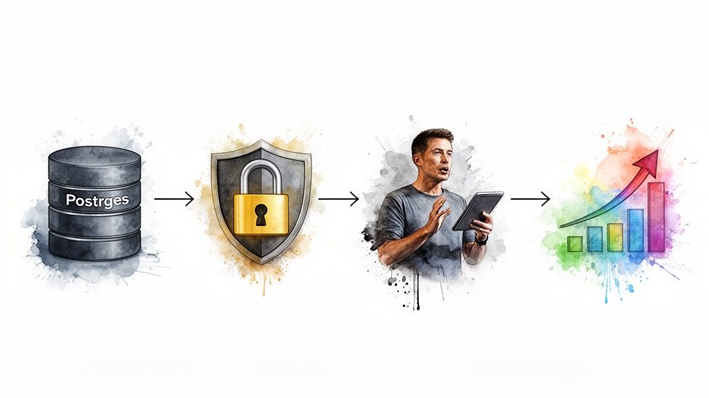A visual workflow showing Postgres data, security, a man analyzing with a tablet, and a colorful growth chart.