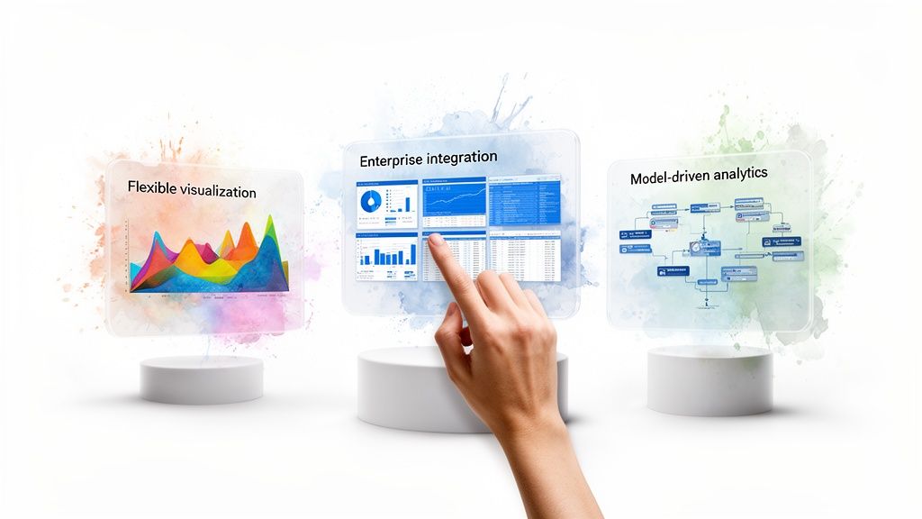 Three transparent screens on pedestals showcase business analytics: visualization, integration, and model-driven analytics, with a hand touching the integration screen.