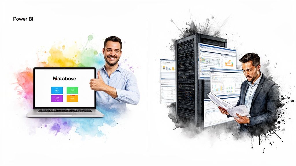 Two data analytics scenes: a smiling man with a Metabase laptop, and another man reviewing Power BI server data.