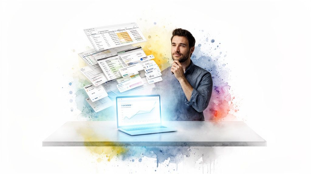 A man thoughtfully analyzes multiple floating business applications and a laptop displaying a graph.