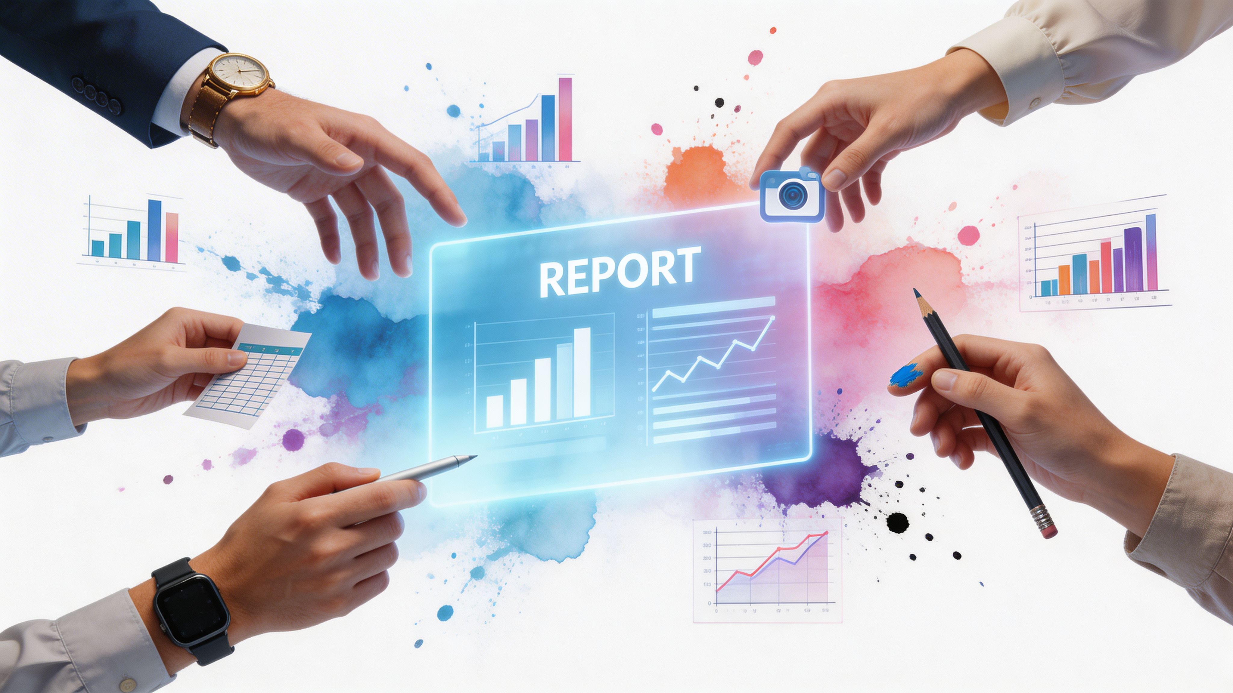 Multiple hands collaborating on a futuristic digital report display featuring interactive charts and data visualizations.