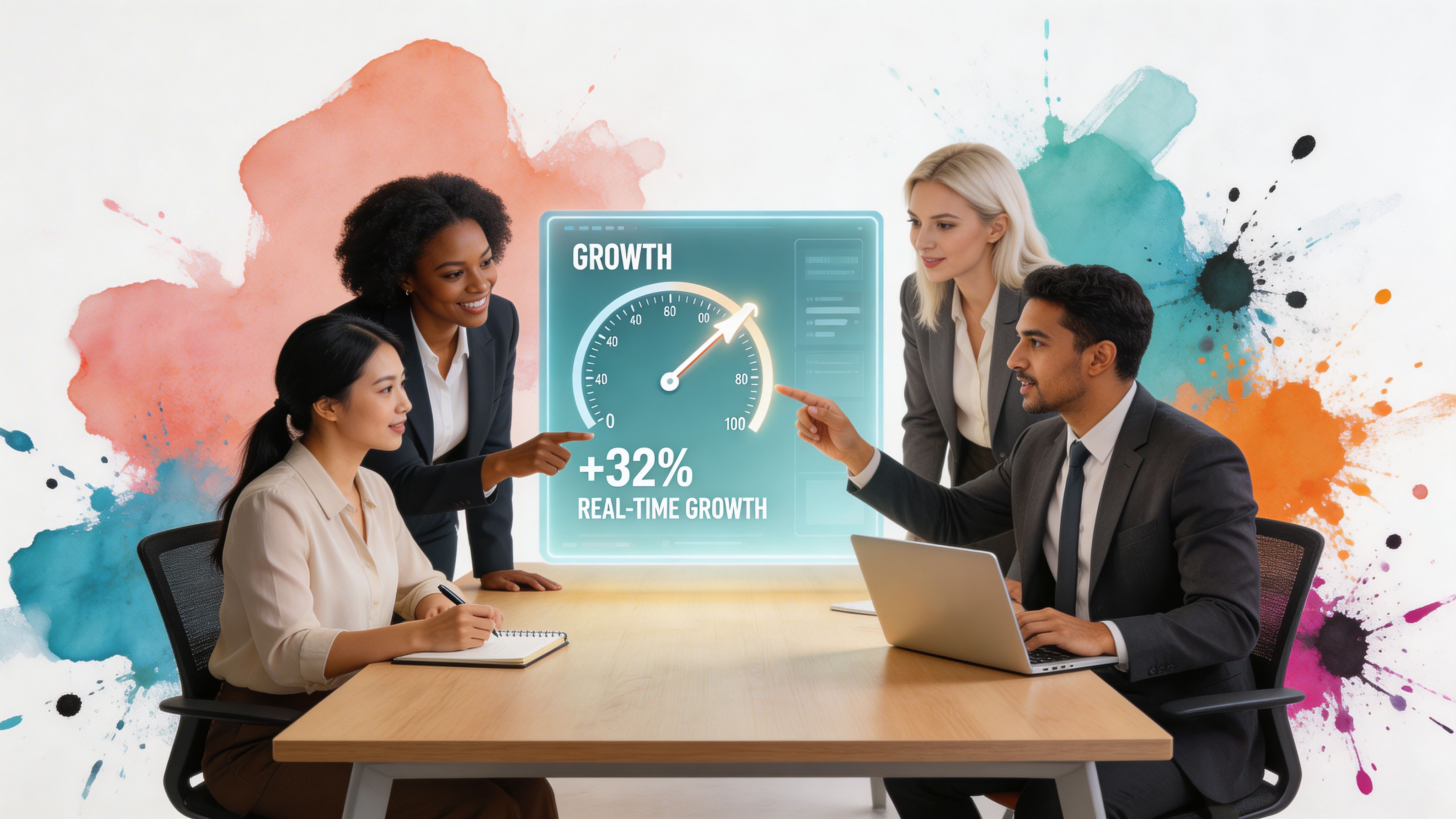 A diverse business team sitting around a table analyzing a holographic growth chart during a meeting.