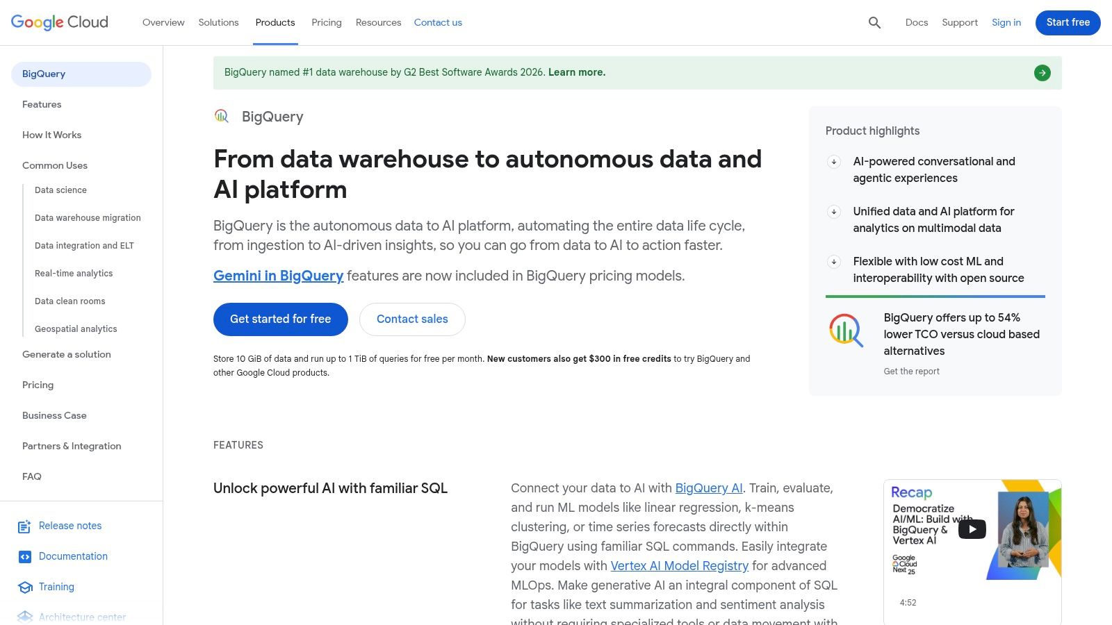 Google Cloud BigQuery + Gemini in BigQuery (and Looker)