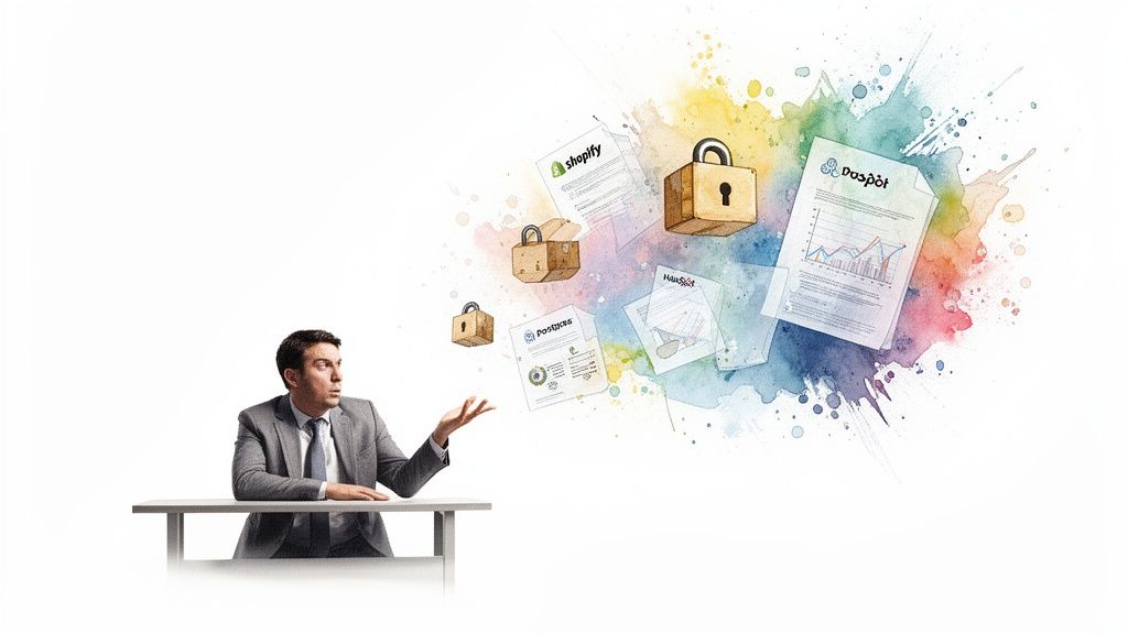 Man in suit at table observing floating documents and locked boxes with colorful data splashes.