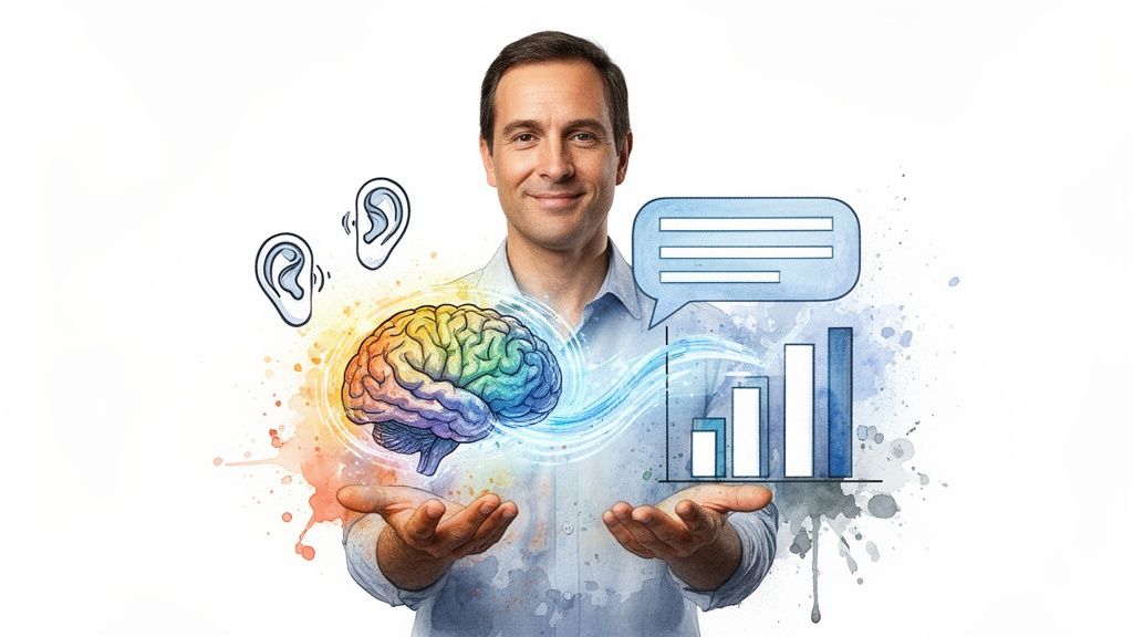 Man holding a colorful brain, ears, speech bubble, and bar graph, representing data analysis.