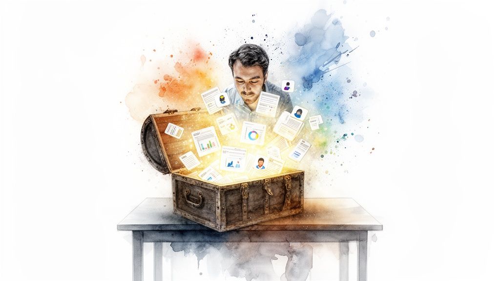 A man looks intently at glowing documents and charts emerging from an open treasure chest.