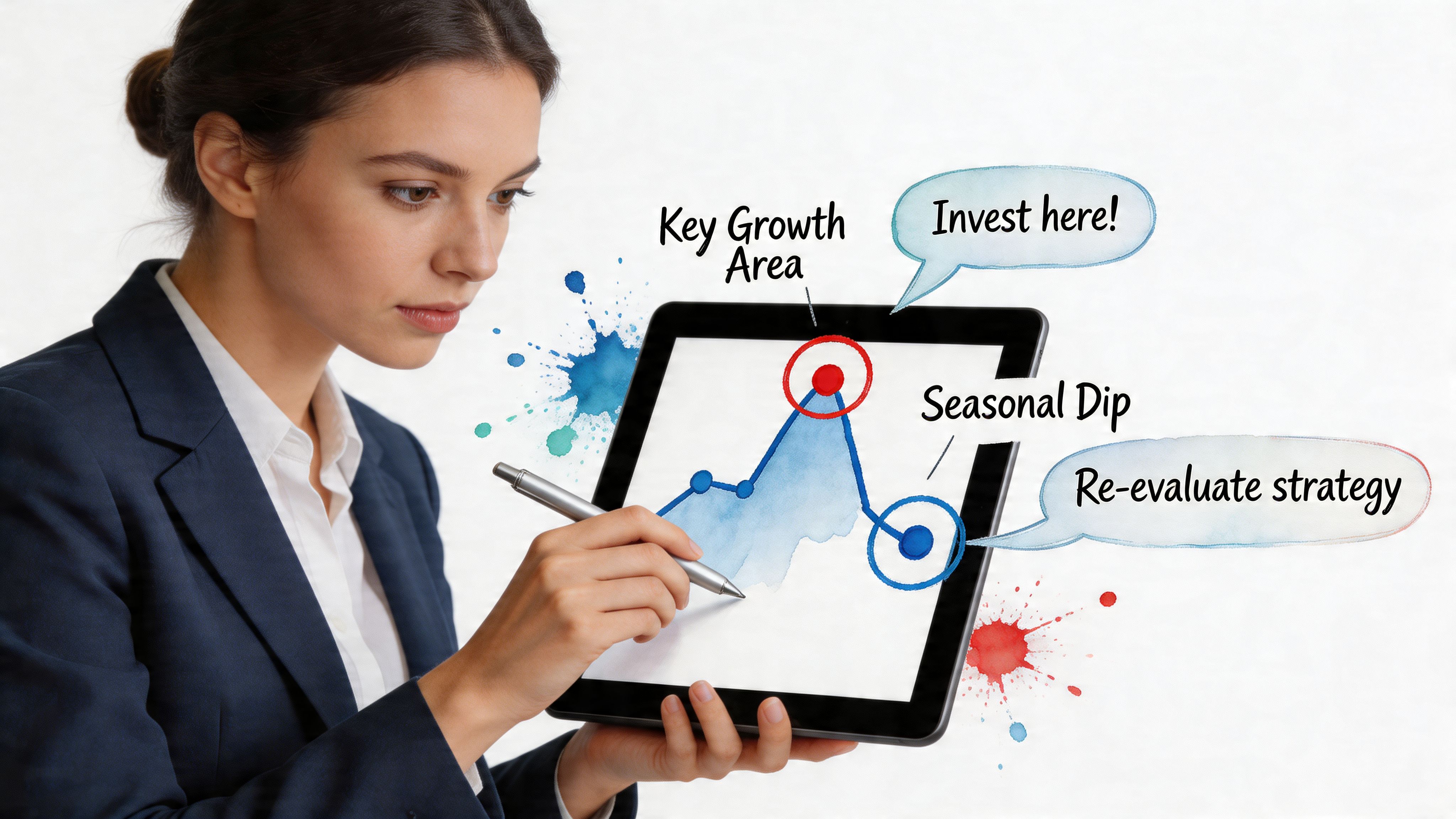A professional woman in a suit using a stylus to analyze a business growth graph on tablet.